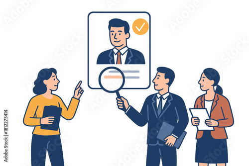 HR managers examining a successful job candidate profile with a checkmark and magnifying glass