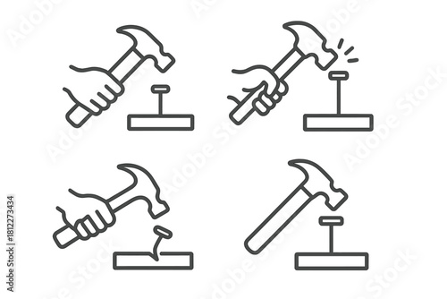 Sequential steps of using a hammer to drive a nail and pull a bent nail from wood