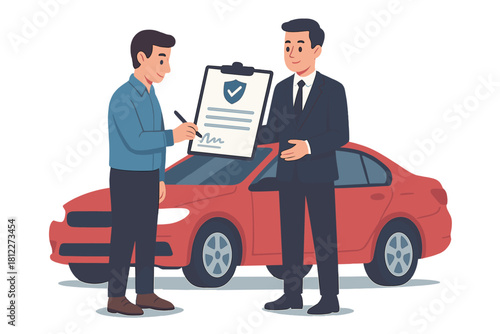 Man signing vehicle insurance contract presented by an agent standing beside a new red car