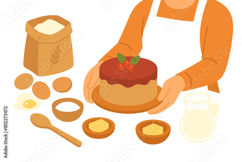 Hands holding a freshly baked cake surrounded by essential baking ingredients like flour, eggs, and milk