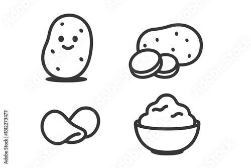 Simple potato icons showing raw vegetable, slices, chips, and mashed food items