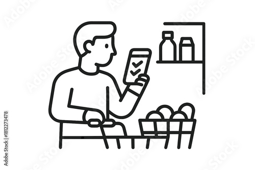 Person checking grocery list on mobile device near shelf with food items and basket of eggs