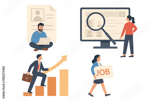 Professional people searching for jobs, submitting resumes, and achieving career success