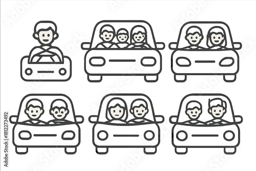 Diverse set of people traveling by car including drivers, families, and couples commuting