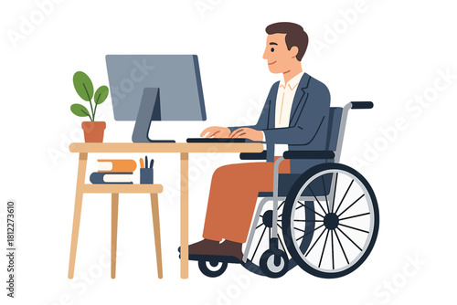 Smiling professional man in a wheelchair working on a desktop computer at his desk