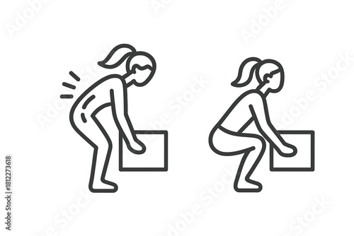 Comparison of safe and unsafe lifting techniques showing proper squatting versus bending over