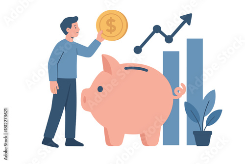 Businessman saving money in a piggy bank with a rising financial growth chart