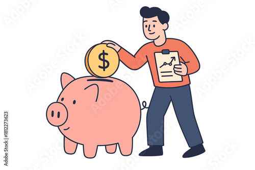 Person depositing a dollar coin into a large piggy bank for financial planning and investment