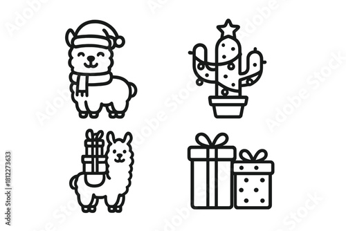 Set of adorable smiling llamas, Christmas cactus, and stacked gift boxes