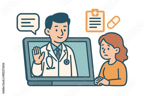 Telemedicine appointment showing a doctor waving from a laptop screen to a concerned female patient