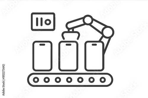 Industrial automation process showing a robotic arm assembling electronic devices on a conveyor belt