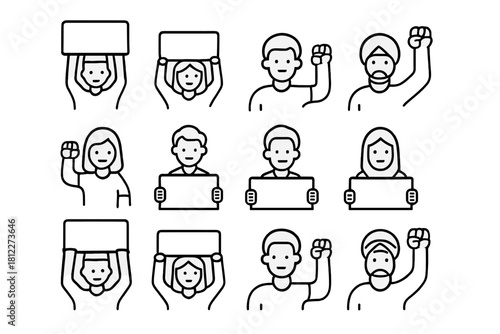 Diverse group protesting holding blank placards and raising fists for activism and human rights