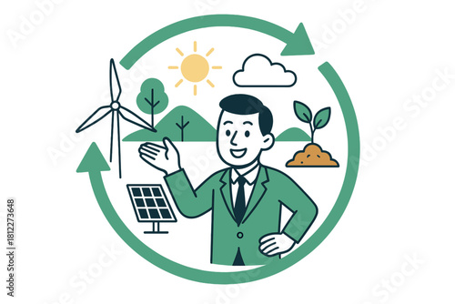 Businessman presenting corporate sustainability diagram with renewable energy sources and environmental growth