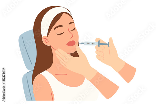 Dermal filler injection procedure on woman's lips for cosmetic enhancement