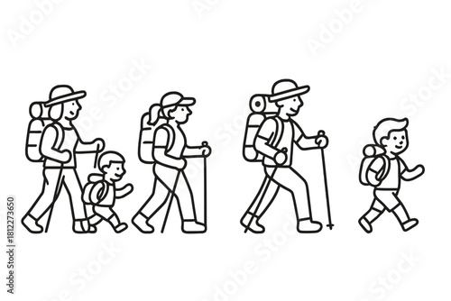 Family of four people hiking outdoors wearing large backpacks and using trekking poles