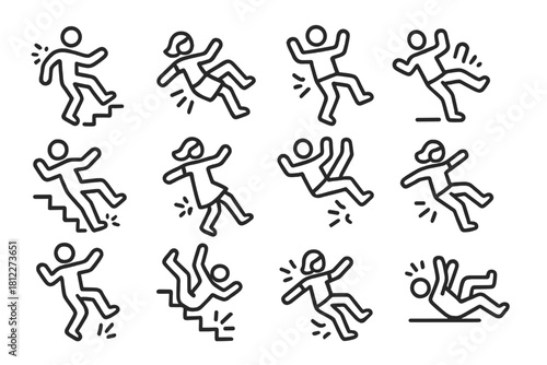 Various slip and fall accidents, including people tumbling down stairs and slipping on wet floors