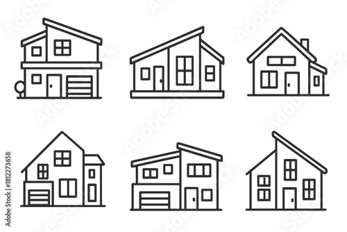 Minimalist line art icons of detached houses and suburban architecture