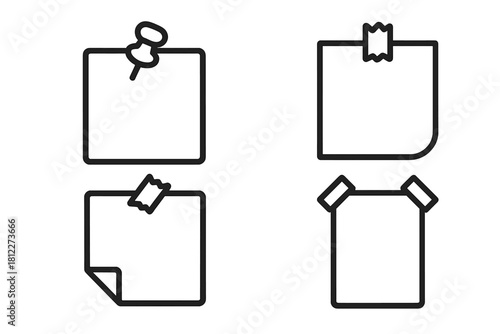 Four different outline icons of blank sticky notes attached with pushpins and adhesive tape