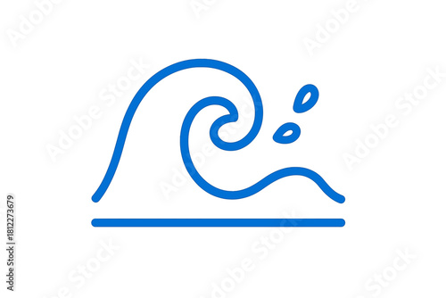 Clean blue line art graphic showing a large curling ocean wave cresting and splashing water droplets