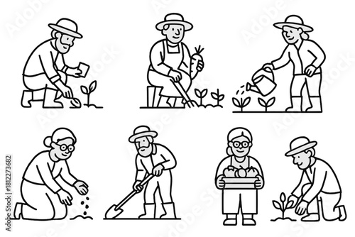 Diverse people planting, watering, and harvesting in simple black and white style