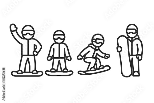 Minimalist line icons set featuring snowboarders in various action poses and activities