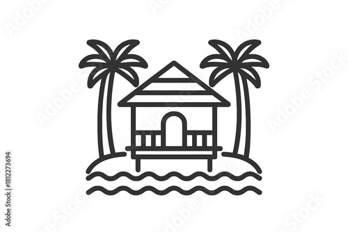 Tropical island beach hut between two palm trees surrounded by ocean waves