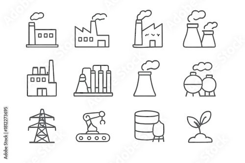 Collection of industrial factory buildings power generation and ecology outline symbols