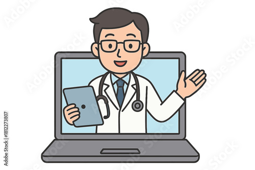 Male doctor giving medical advice online via laptop screen interface for telemedicine