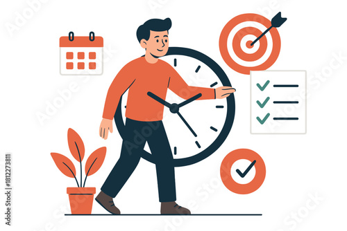 Man walking with a giant clock surrounded by business planning and goal setting icons