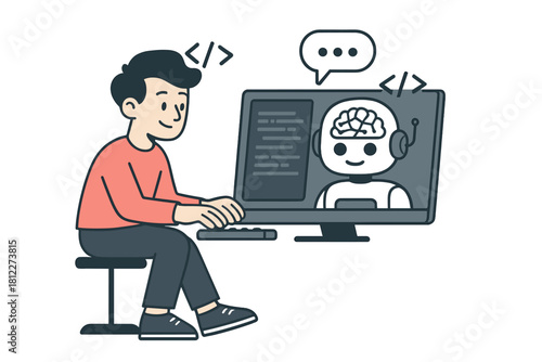 Programmer using chatbot on computer screen for software development assistance and technical support