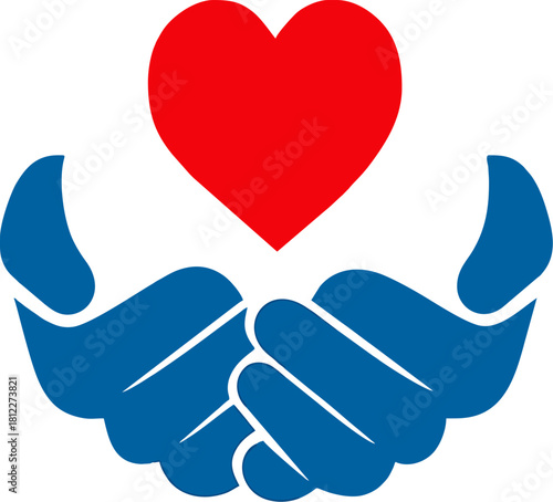 Blue hands holding red heart symbol isolated on white background for charity donation and healthcare protection concept suitable for medical insurance or volunteer logo design