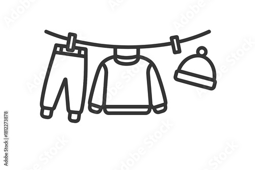 Minimalist drawing of pants, sweater, and hat drying on a clothesline