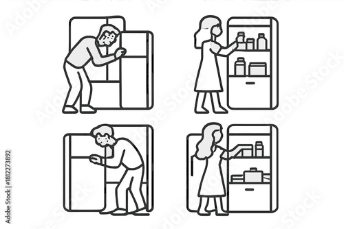 People opening and looking inside a refrigerator or cabinet searching for food