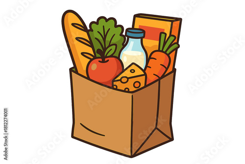 Paper grocery bag full of fresh food, bread, produce, dairy, and packaged goods for shopping or delivery