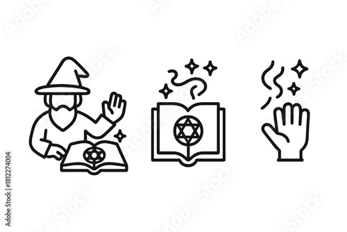 Magic and wizardry elements featuring a sorcerer, spell book, and casting hand
