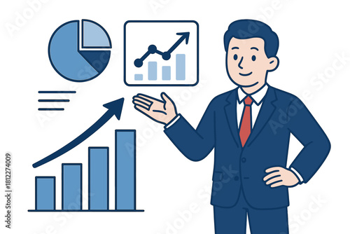 Smiling male professional explaining market trends and financial growth using various charts and graphs