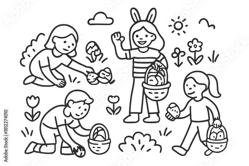 Diverse group of adults and children searching for hidden Easter eggs in a sunny park