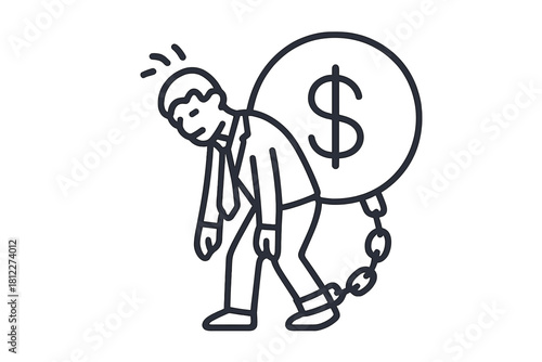 Businessman carrying heavy financial burden chained to a giant dollar coin