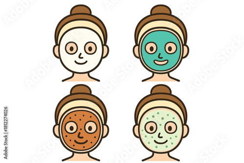 Set of four different facial masks applied for a comprehensive skincare beauty routine