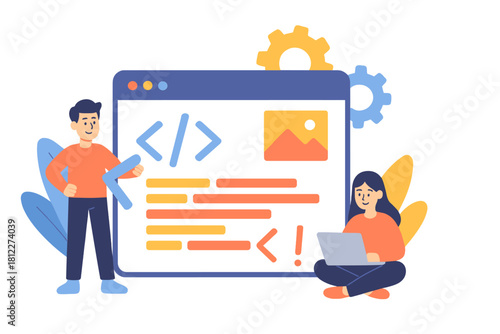 Professional developers creating code for a website displayed on a large browser window