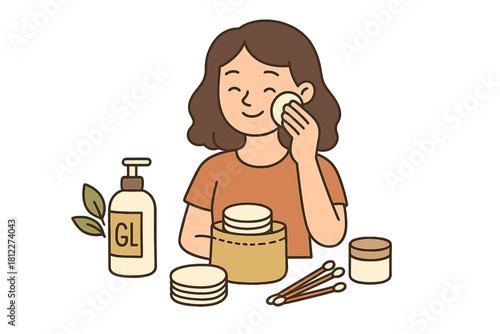 Young woman applying facial cleanser with cotton pads during daily skincare routine