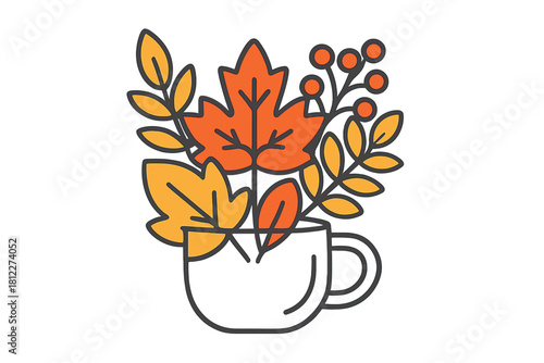 Cozy autumn arrangement of colorful maple leaves and rowan berries inside a coffee cup