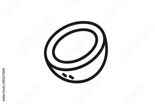 Cross section of a halved coconut fruit showing the hard shell and edible white meat