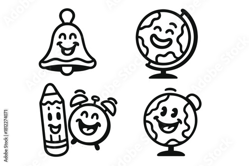 Smiling monochrome school supplies set including bell, pencil, clock, and globes