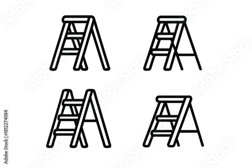 Simple black line icons showing different styles of folding step ladders used for reaching high places
