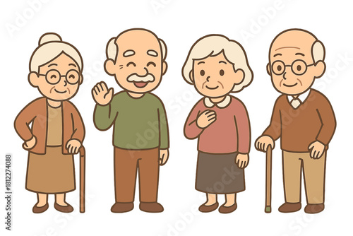 Four happy senior adults standing together, smiling and waving, depicting friendship and community support