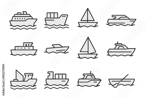 Various water transport vessels including cruise ships, sailboats, yachts, and cargo ships in outline style