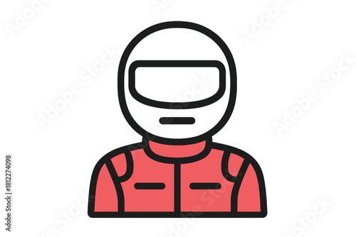 Bust of a motorsport professional wearing protective gear and full-face helmet