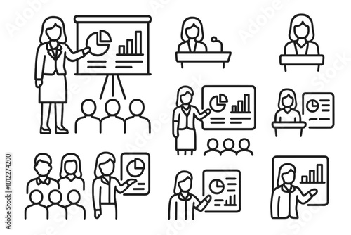 Business presentation and public speaking featuring professional women addressing an audience