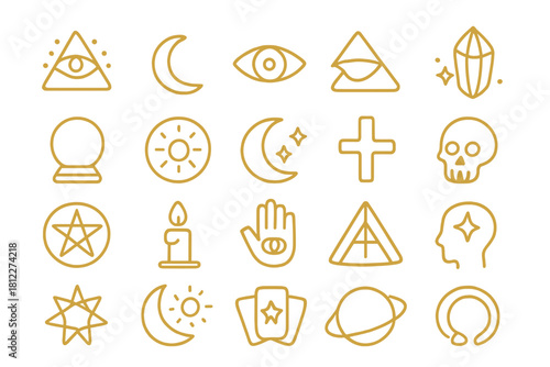 Minimalist golden symbols set for fortune telling, astrology, and mystical concepts